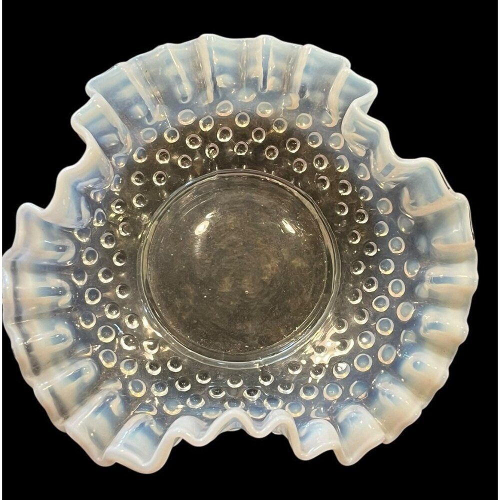 Vintage Fenton Ruffled Glass Hobnail Opalescent Crimped Candy Bowl Laced Edges